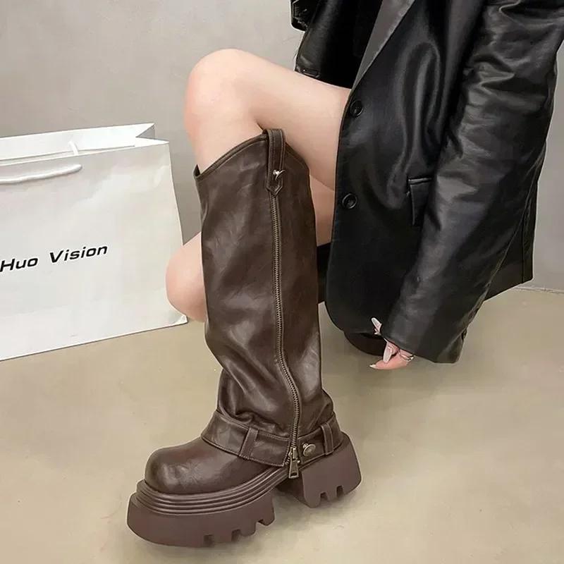 Damen Punk Faltplattform Stiefeletten Coole Kampfstiefeletten mit Gürtelschnalle Rutschfeste Goth Street Fashion Ritterstiefel