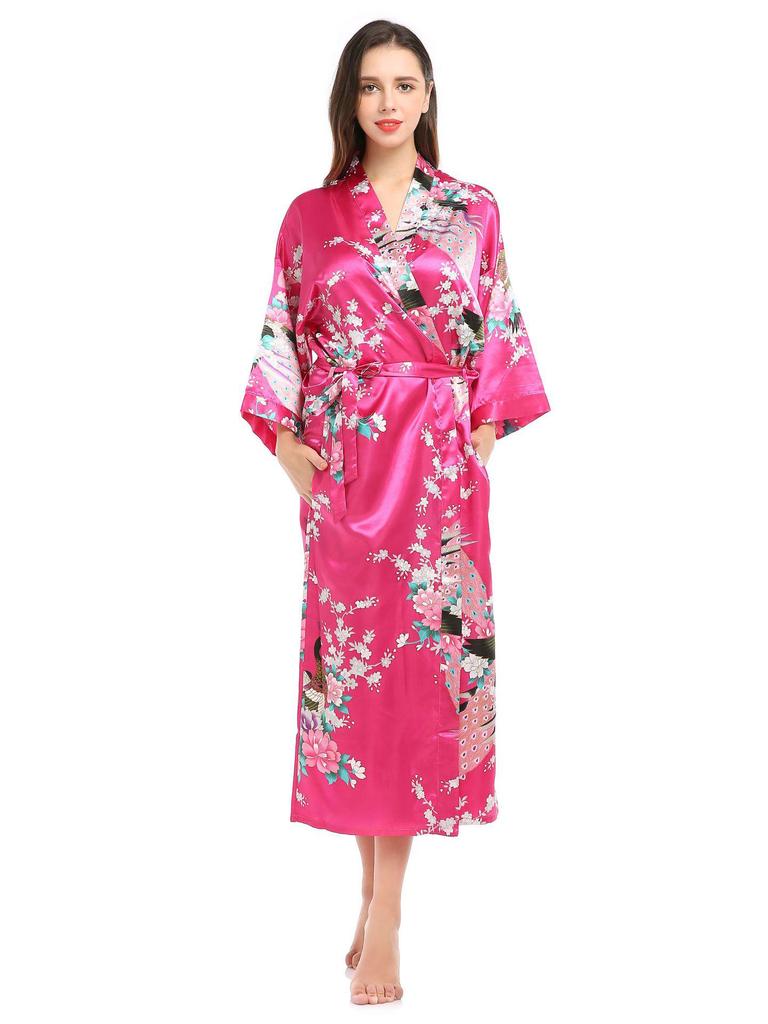 Peacock Print Long Summer Pajama Cardigan with Pockets