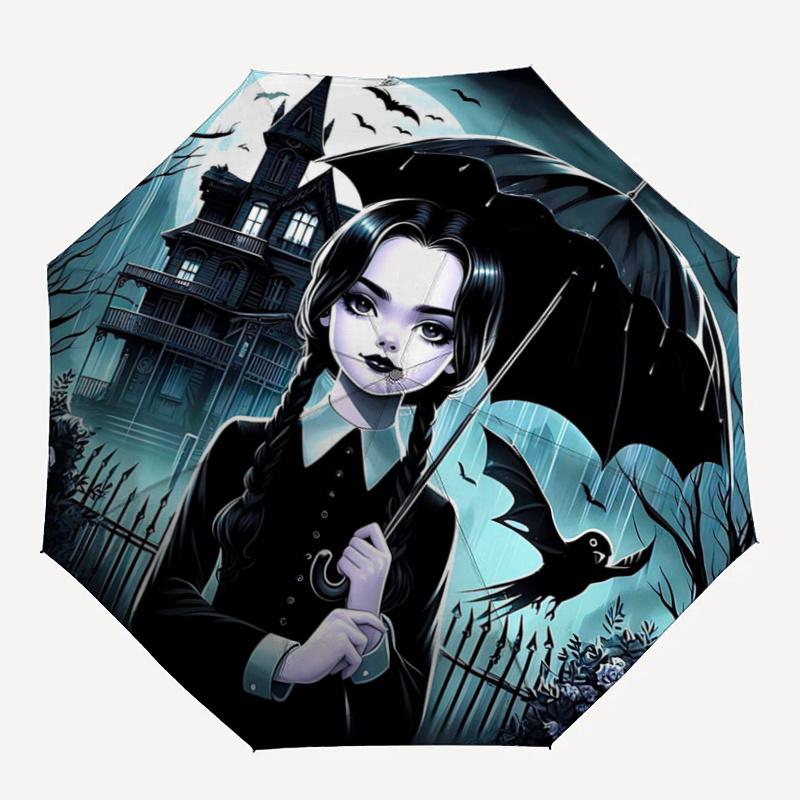 1pc Under the Moonlit Sky Wednesday Automatic Opening and Closing Cartoon Umbrella - Small Umbrella Suitable for Various Occasions I096