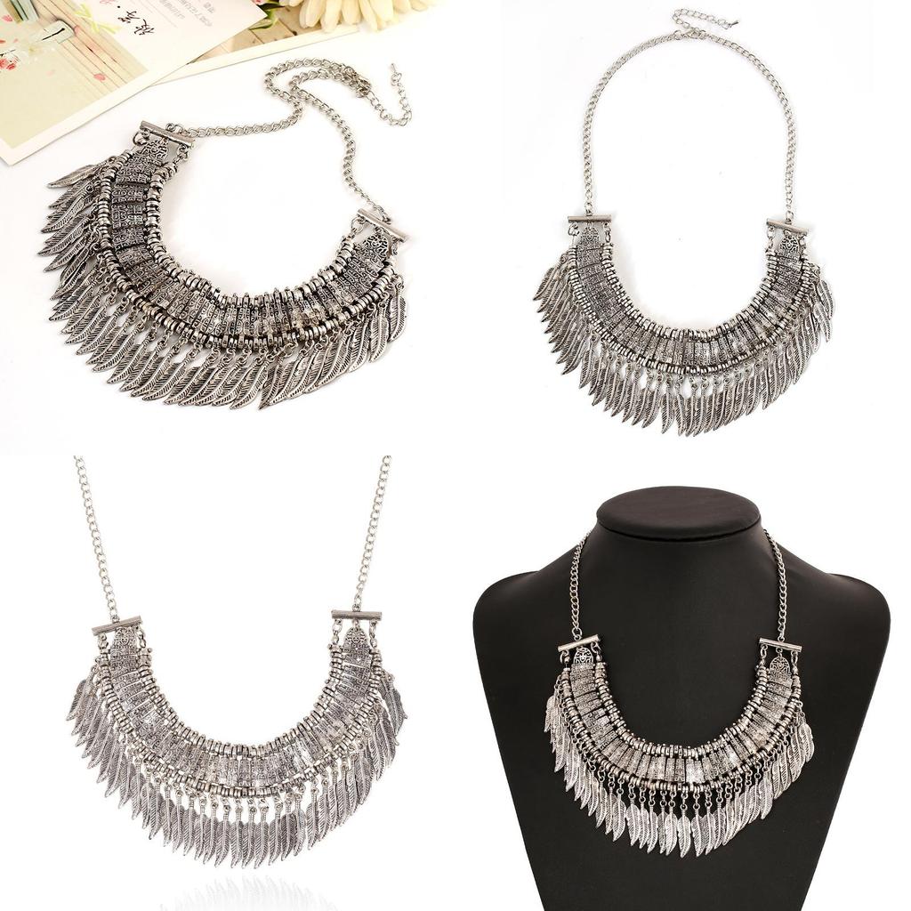 Plated Silver Retro Pendant Necklace With Carved Leaf Tassel Design Gifts For