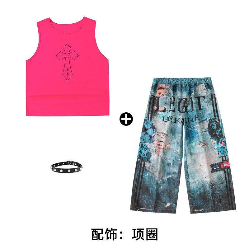 Kids Hip Hop Dance Outfit Set Boys Girls - Sleeveless Pink Top Navy Blue Pants With Accessories