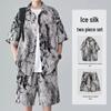 Hong Kong Style Retro Ice Silk Men's Summer Two-Piece Set: Breathable Short Sleeve Shirt & Shorts Beachwear
