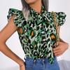 Summer Sleeveless Shirt Casual Fashion Leopard Print Blouse Sweet Lace-up Bow Collar Chiffon Tops Women Loose Clothes 28622