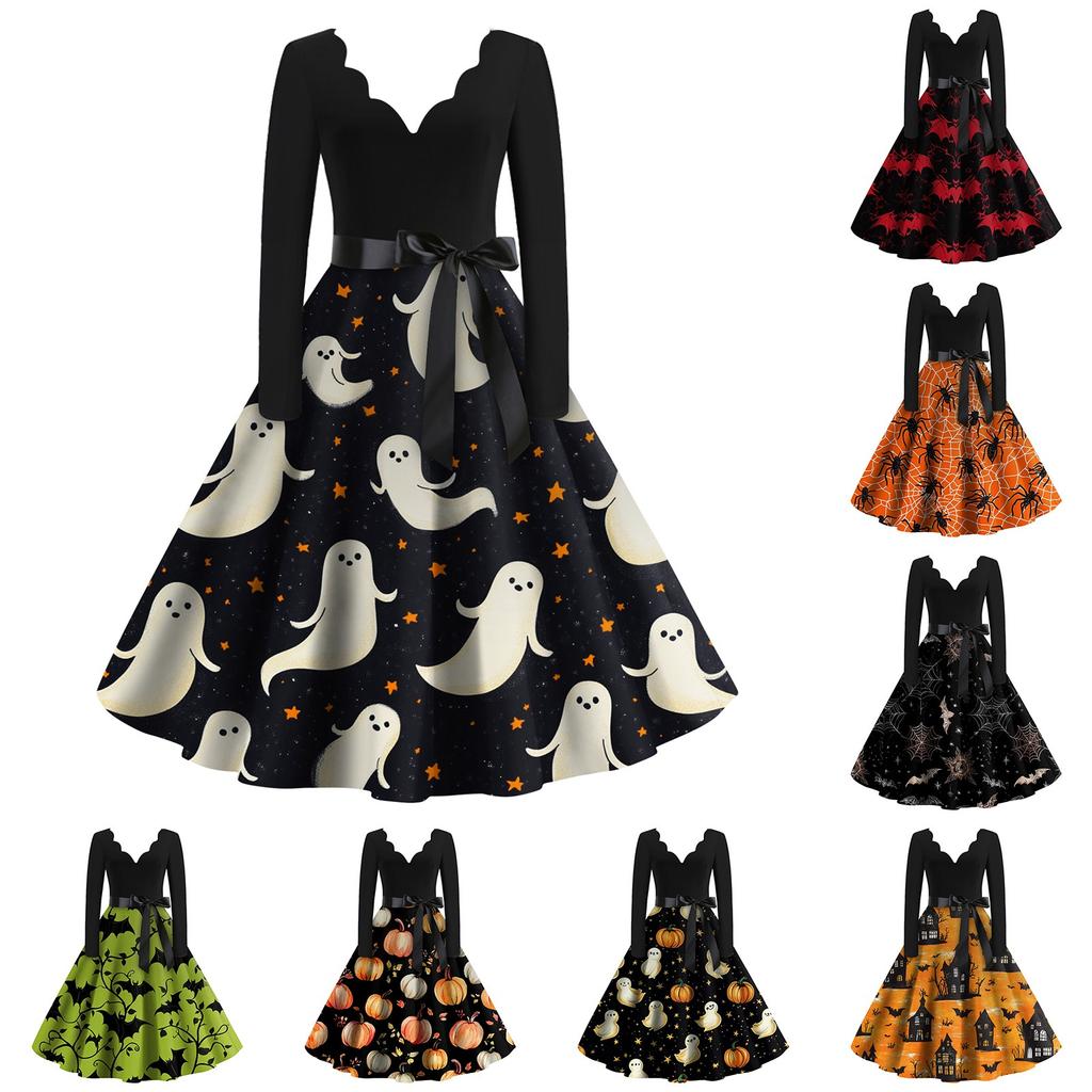 Kvinners uformelle mote Halloween trykt V-hals vintage kjole