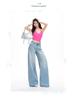 Women's American Retro Light Wash Mid-Rise Ripped Wide Leg Floor-Length Jeans