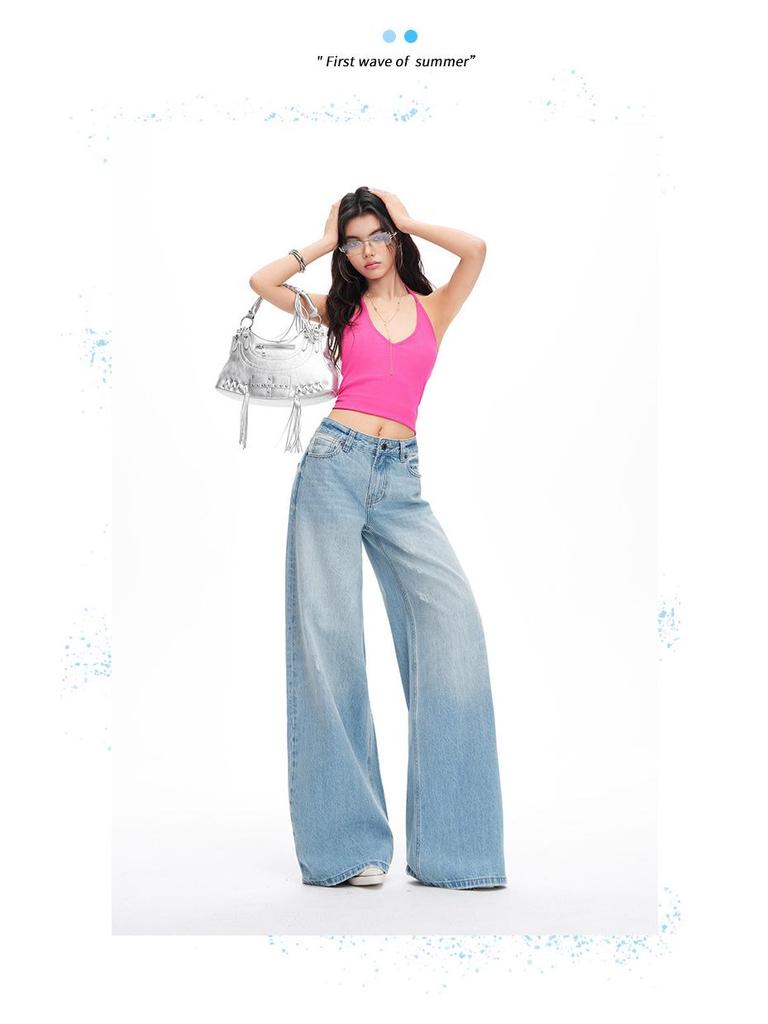 Women's American Retro Light Wash Mid-Rise Ripped Wide Leg Floor-Length Jeans