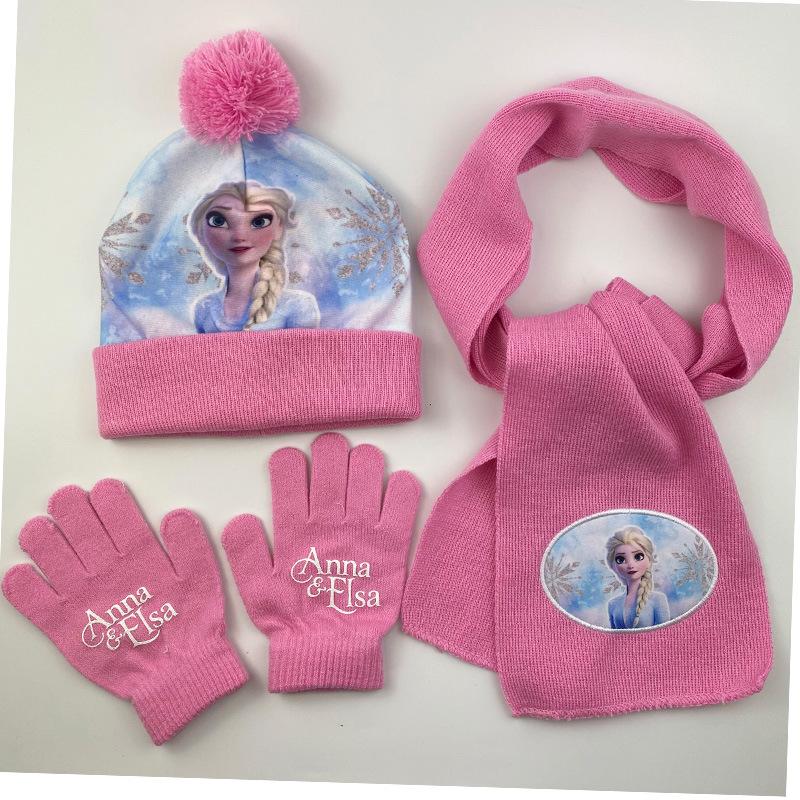 Princess Snowflake Knit Hat, Scarf, and Gloves Set for Girls – Winter Warmth with Cartoon Design