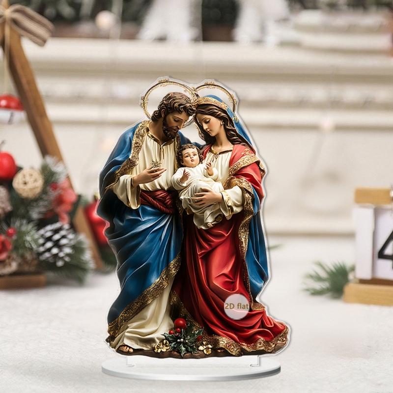 Artistic 2D Acrylic Holy Family Figurine Decorative Accent Ornament with Base For Bookshelves Mantels Display Gift