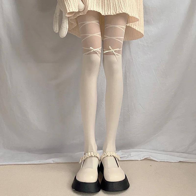 Lolita Style Girs Tights Ultra-Thin Nylon Sexy Pantyhose Sweet Girls Jk Japanese Kawaii Cute Bandage Bow Thigh High Stockings