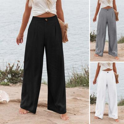 Women Casual Pants High Waist Pockets Zipper Button Fly Pants Solid Color Wide Leg