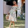 Summer new square neck horn long sleeve high waist dress loose long dress