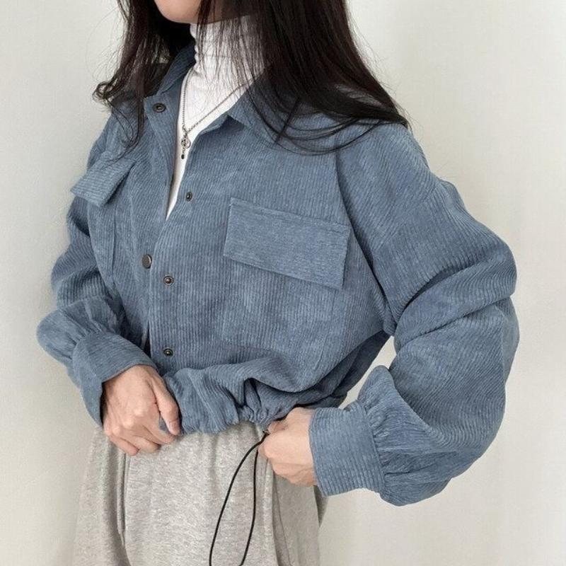 Korean Chic New Retro Simple Lapel Short Drawstring Long Sleeve Top Corduroy Loose Jacket Women
