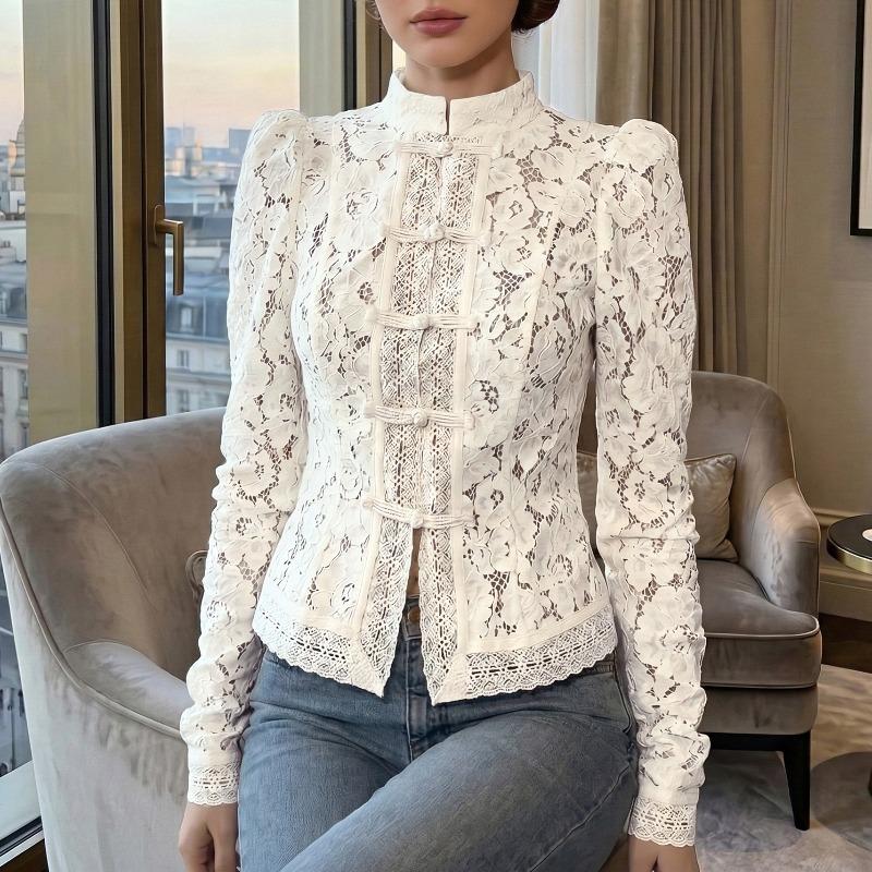 Women's Shirt Summer Fashion Temperament Commuter Lace Crochet Stand-up Collar Slim Women's Blouses Elegant Solid Color Casual Office Lady Tops