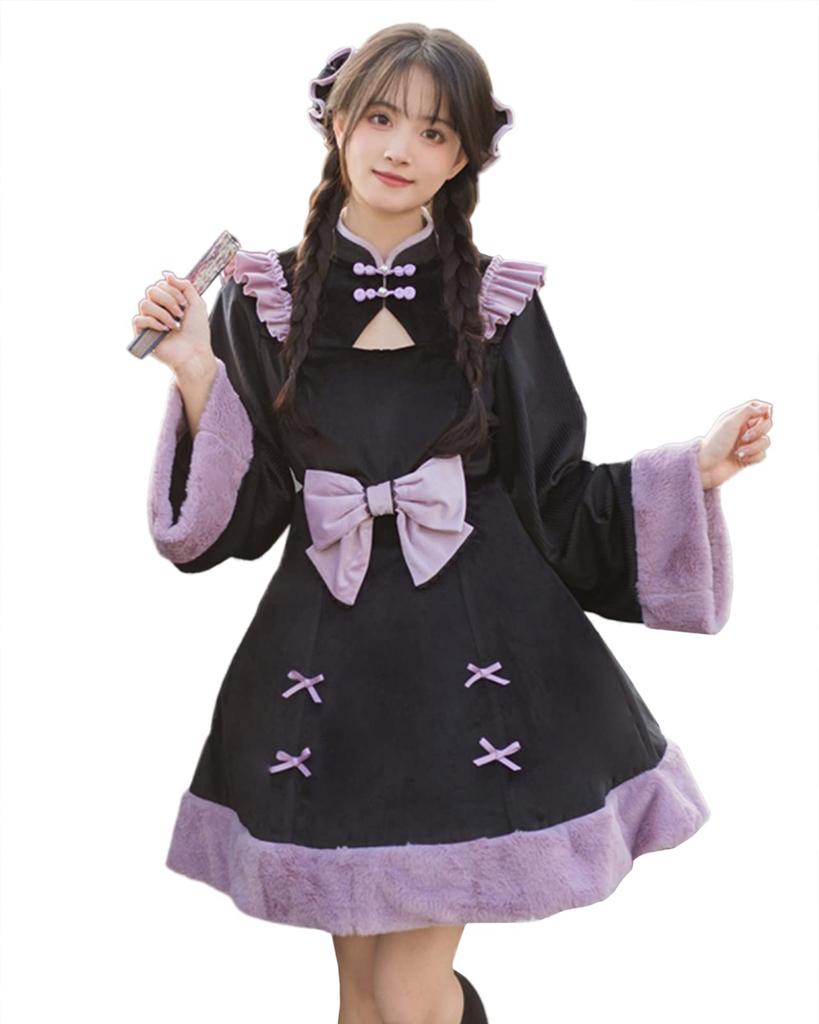 Milky Time Women's Medium Lolita Dress, Long Sleeves, Black and Purple Velvet, Winter Cosplay Costume