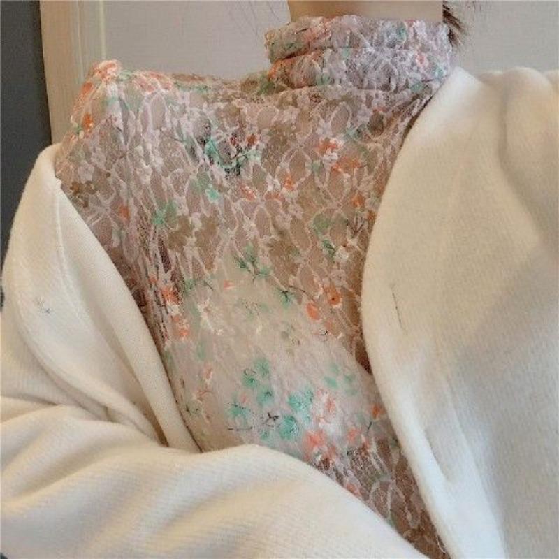 Autumn Sexy Perspective Long Sleeve Half High Neck T-shirt Carefully Machine Broken Flower Mesh Lace Bottom Shirt Women's Top