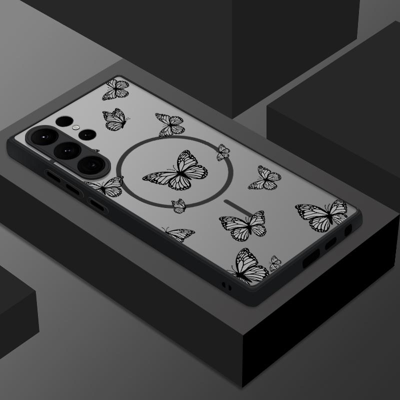 

Ударопрочный чехол с рисунком бабочки для телефона Samsung S25 Ultra S24 FE S23 Plus S22 S21 с беспроводной зарядкой, матовый прозрачный жесткий чехол-бампер из ПК Samsung S24 Ultra