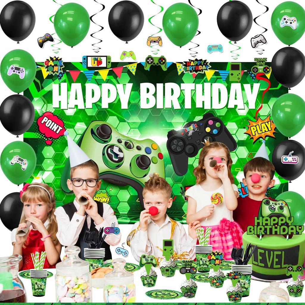 Green Gamer Birthday Party Decoration - 217Pcs Video Game Gaming Party Supplies For Boys Birthday Party - Backdrop, Table Cover, Plates, Cups,