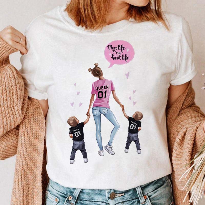 Maycaur Women Cartoon Mom Mother Boy Girl Print Mother Lady T-shirts Casual Top T Shirt Ladies Womens Graphic Female Tee T-Shirt