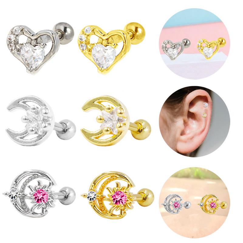 3D Moon & Heart-Shaped Zirconia Cartilage Stud Earrings