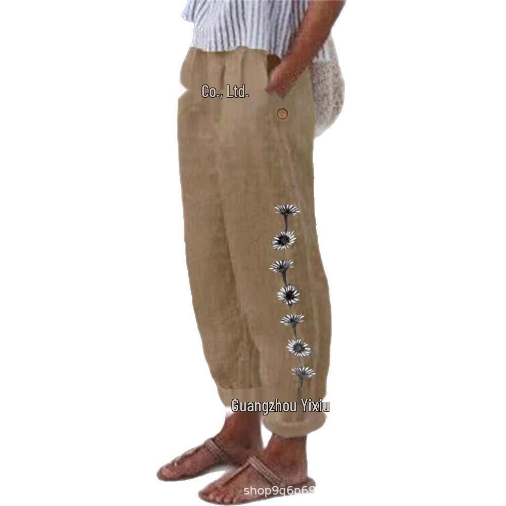 

Retro High Waist Cotton Linen Printed Casual Pants Extra Large белый
