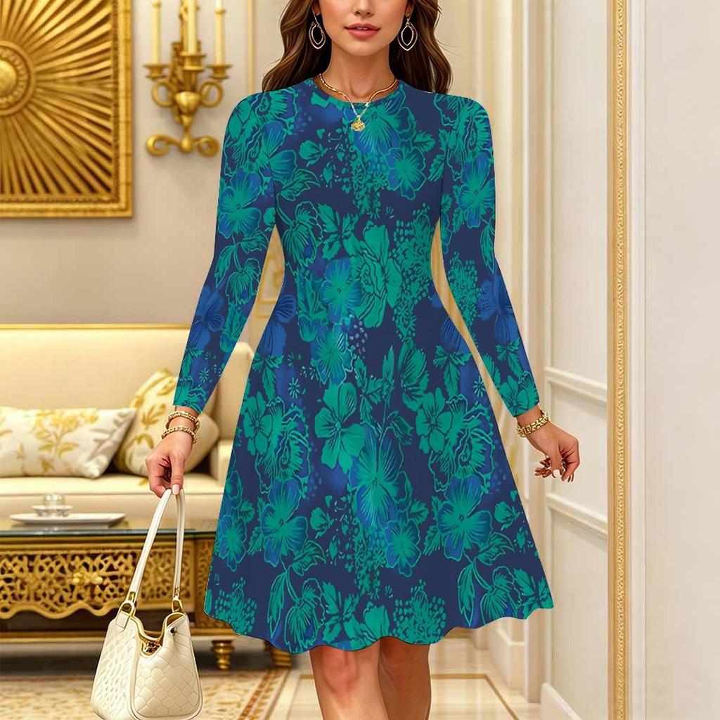 Women Long Sleeve Round Neck Midi Dress Vintage Small Daisy Floral Print Flared Casual Dress