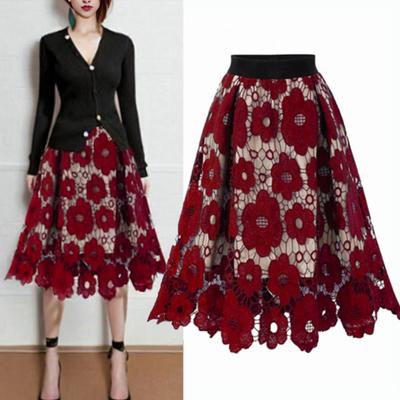 Women Skirt High Elastic Waist Hollow Out Floral Lace A-line Big Swing Double-layered Mid-calf Length Lady Commute Party Midi Skirt