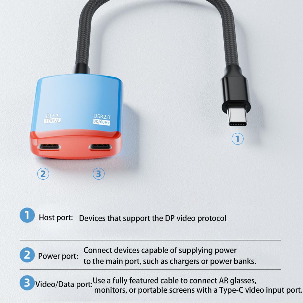 2in1 USB C Adapter for XREAL/VITURE One/RayNeo AR XR Glasses 8K Video PD100W Fast Charging for Switch Game Console Laptop Phone