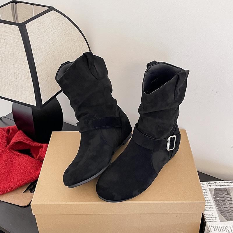 

New Design Female Ankle Boots Flock Round Toe Wedges Slip on Pleated Leisure Daily Booties Women Flat Booties Botas Mujer 36 чёрный