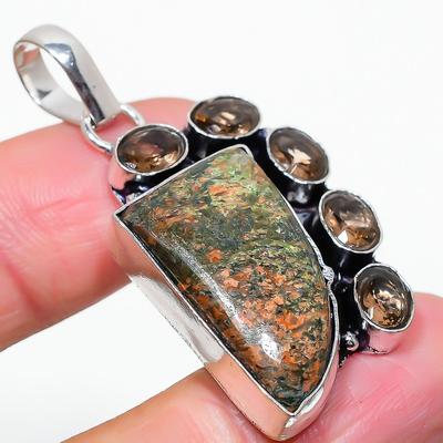 Natural Unakite, Topaz Gemstone 925 Sterling Silver Gift Pendant 1.97" e4V59
