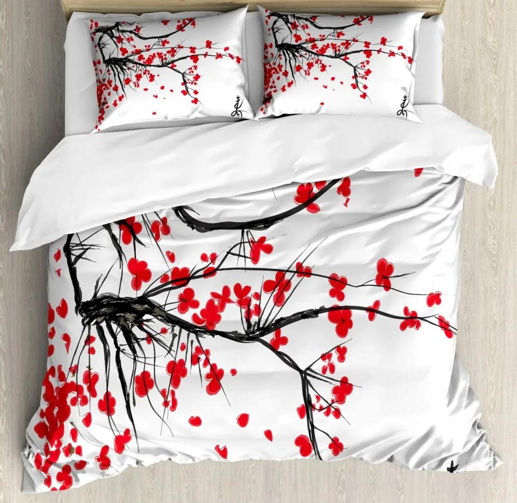 Japanische Bettwäschegarnitur, Zweig eines blühenden Sakura-Baums, Kirschblüten, Frühlingsthema, Kunst, Japanische Bettwäschegarnitur, Doppelbett