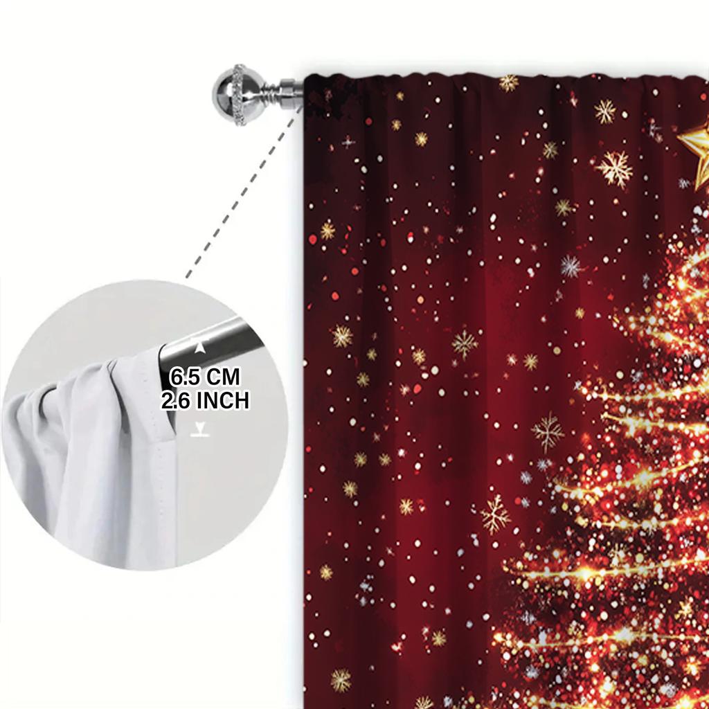 2pcs Dazzling and Glowing Christmas Tree Printed Curtain for Home Decor - Rod Pocket Window Treatment for Bedroom, Office