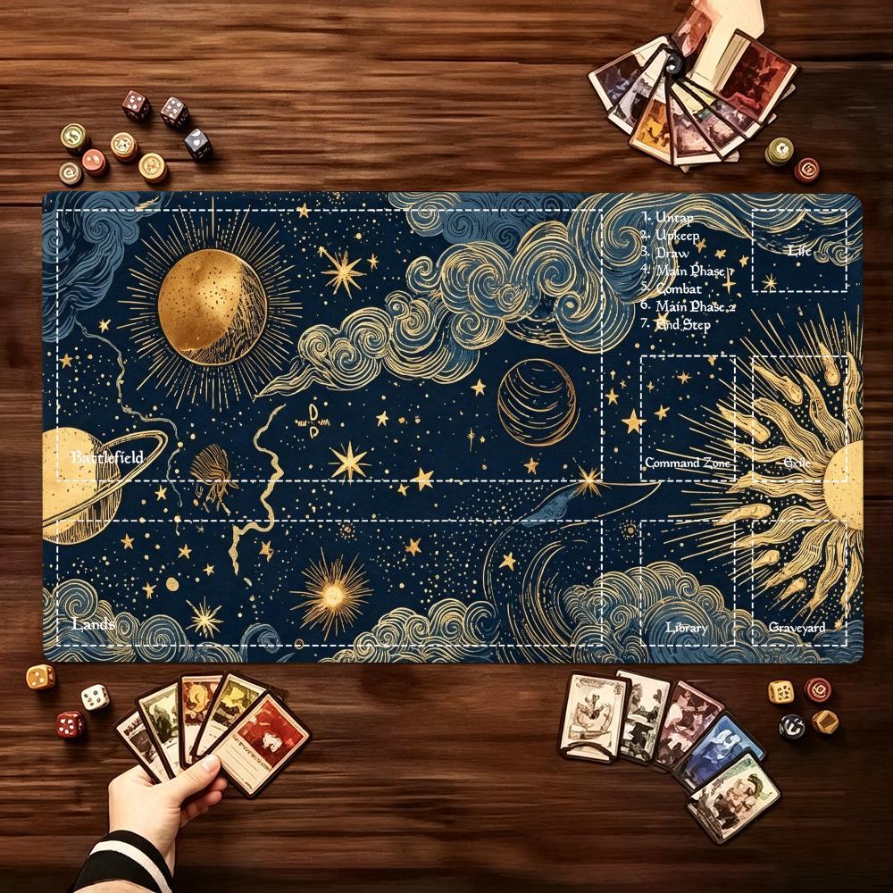 Vintage Celestial Cosmic Extended Game Playmat NonSlip Table Surface Sun Moon Star Layout Card Game Pad For Tabletop Game Play