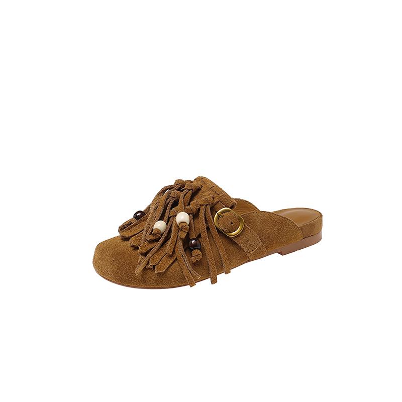 Fashion New Summer Slippers Cow Suede Slippers for Women Fashion Tassel Decoration Mules Round Toe Low Heels Cover Toe Slippers Sandals