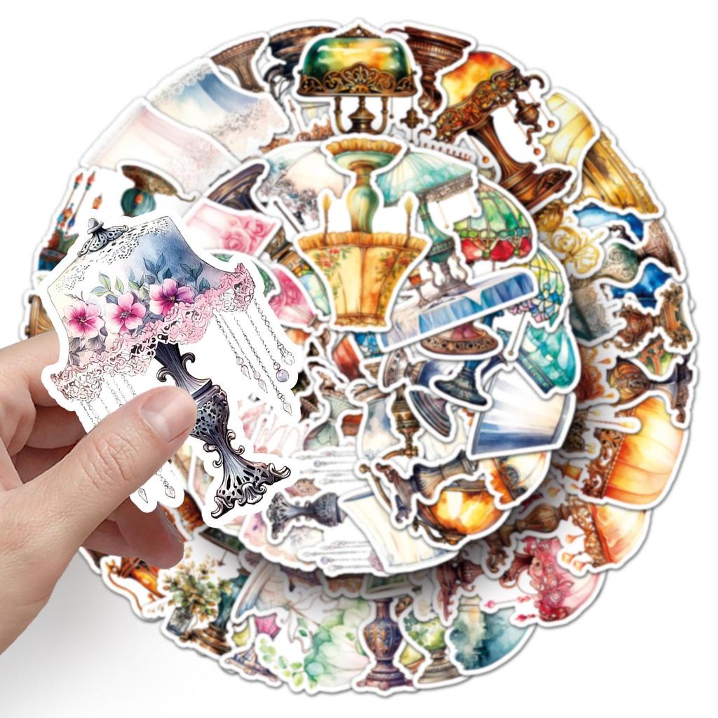 Retro Desk Lamp Stickers - 50pcs Cartoon Creative Waterproof DIY Wall, Glass, and Journal Decoration Stationery.