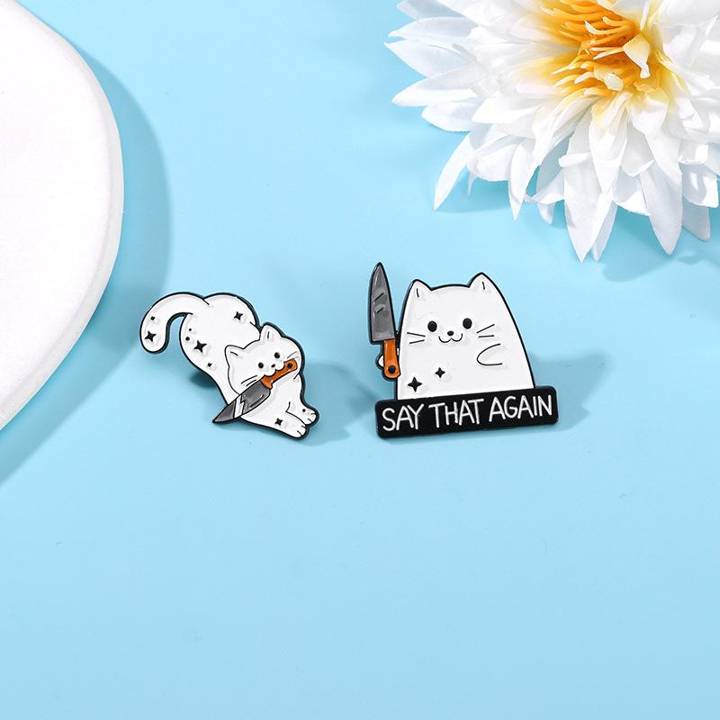 Cute Cartoon White Cat Small Knife Dagger Enamel Brooch Creative Animal Lapel Pin Badge Backpack Clothing Hat Accessories
