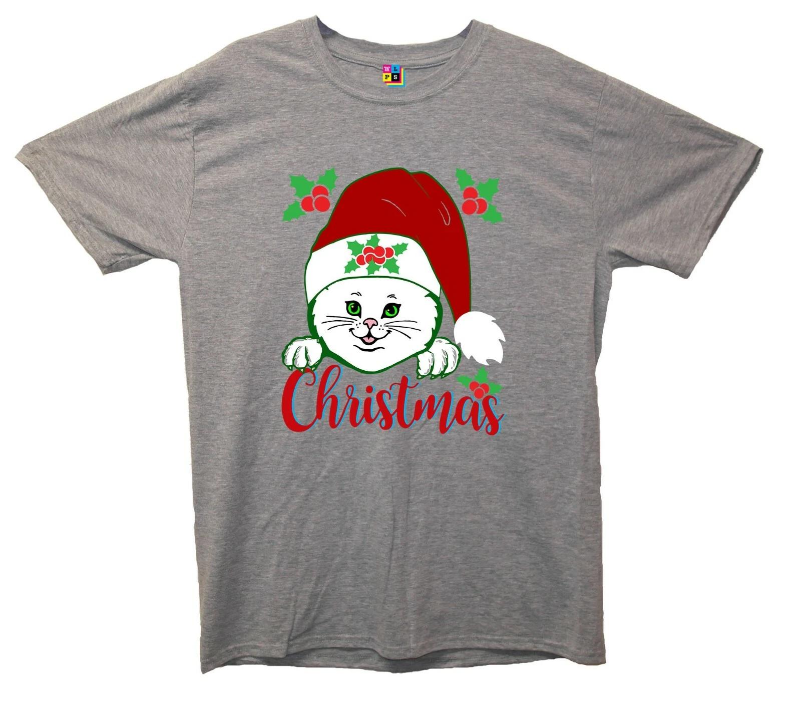 Cat In Santa Hat Christmas Printed T-Shirt Christmas Santa Rudolph Presents XL