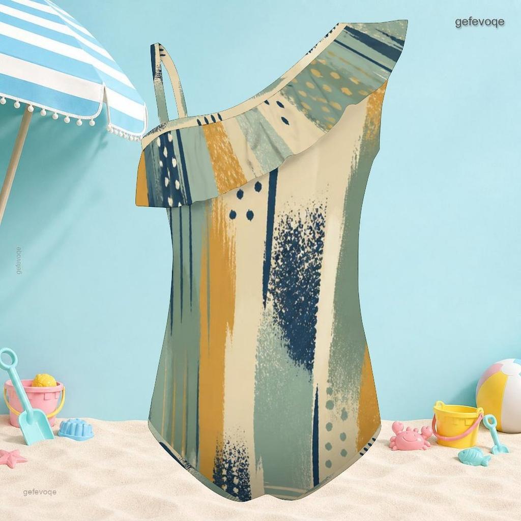 Girls One Shoulder Ruffle Printed One Piece Beach Swimsuit