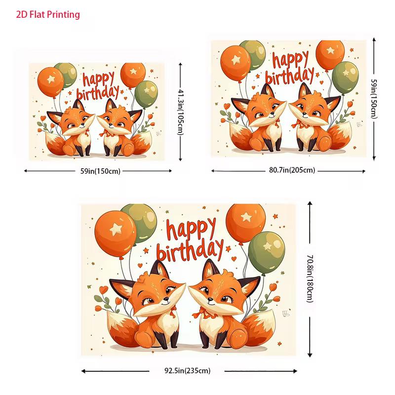 2D Cartoon Baby Fox Floral Heart Backdrop Neutral Baby Shower Decor Background Cloth