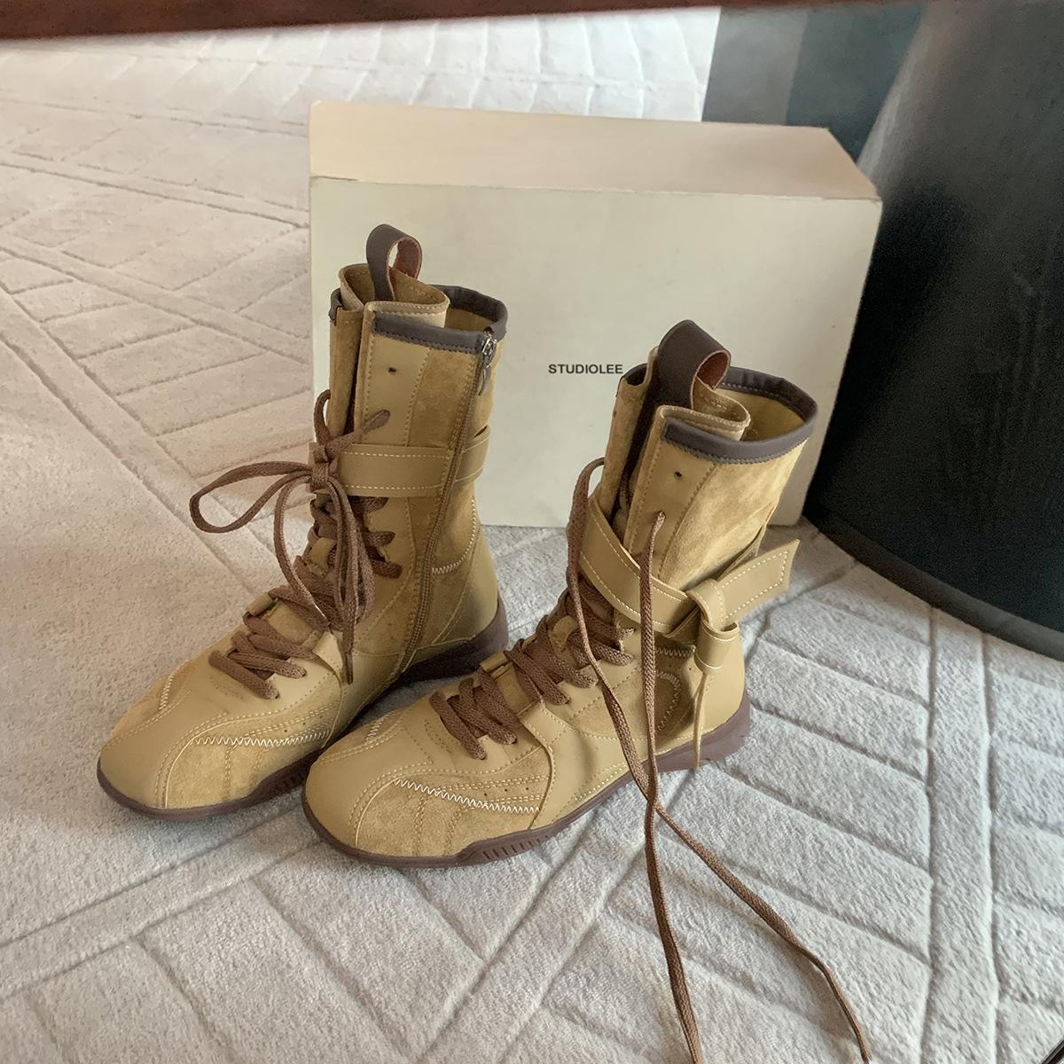 

2025 Осінь Вінтаж Універсальні Матові Шкіряні Боксерські Чоботи Жіночі Ремінець Бічна Блискавка Зовнішнє Носіння Альпінізм Дексун Мартінс Чоботи 42 імбирний