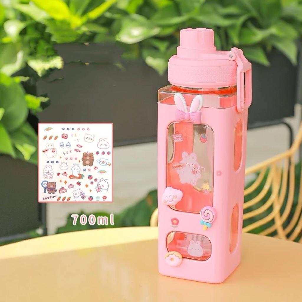 Pastel Water Bottle with 3D Sticker 700ml Plastic Travel Tea Juice Milk Portable Cute Shaker Drink Bottle Gift