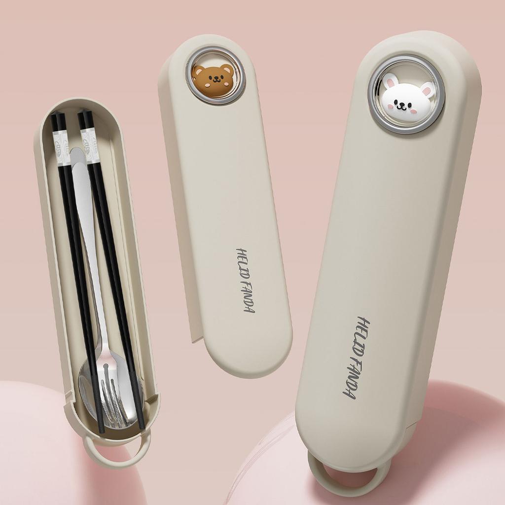 Portable 304 Stainless Steel Tableware Set Spoon Chopsticks With Pull-out Cutlery Box Travel Picnic Cute Dinnerware Set