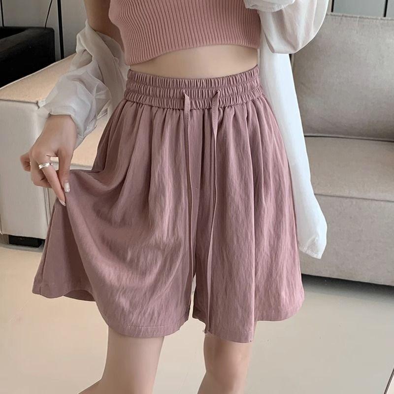 Muscle Sense Shorts, Women's Summer Thin Elastic Waist Loose Straight Pleated Cool Pants, Thin Wide Leg Five Pants