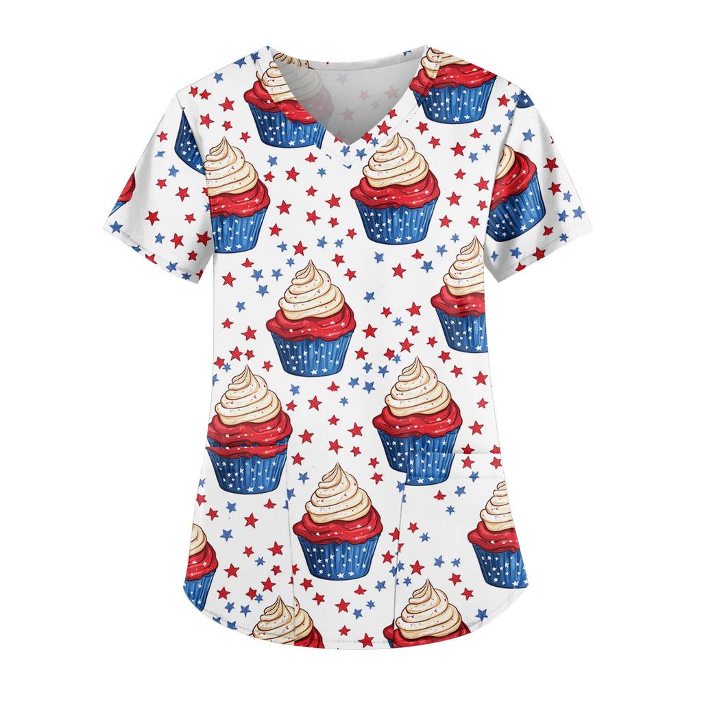 Women's Independence Day Printed Work Clothes V-neck Double Layer Pockets Basic Short Sleeve Top Pullover
