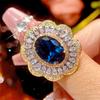Luxury Oval Blue Sapphire Red Ruby Ring Necklace Adjustable Gold Tone Flower Halo CZ Stone Jewelry for Women Wedding Party Gift