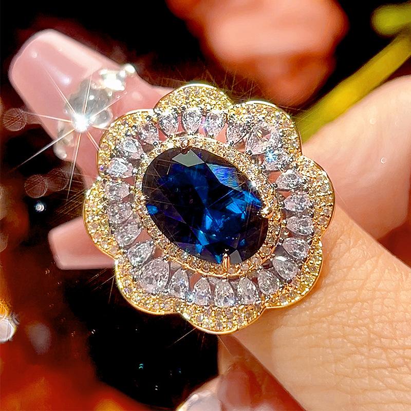 Luxury Oval Blue Sapphire Red Ruby Ring Necklace Adjustable Gold Tone Flower Halo CZ Stone Jewelry for Women Wedding Party Gift