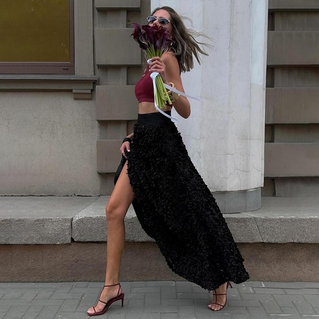 Fall Winter New Women's Petal Design Long Maxi Evening Skirt Elegant Formal Party Dinner High Waist Skirt