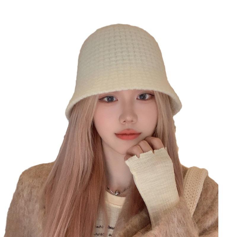 Wool Bucket Hat for Women Korean Style Retro Fashion Versatile Waffle Basin Hat Autumn and Winter Warm Knitted Bucket Hat