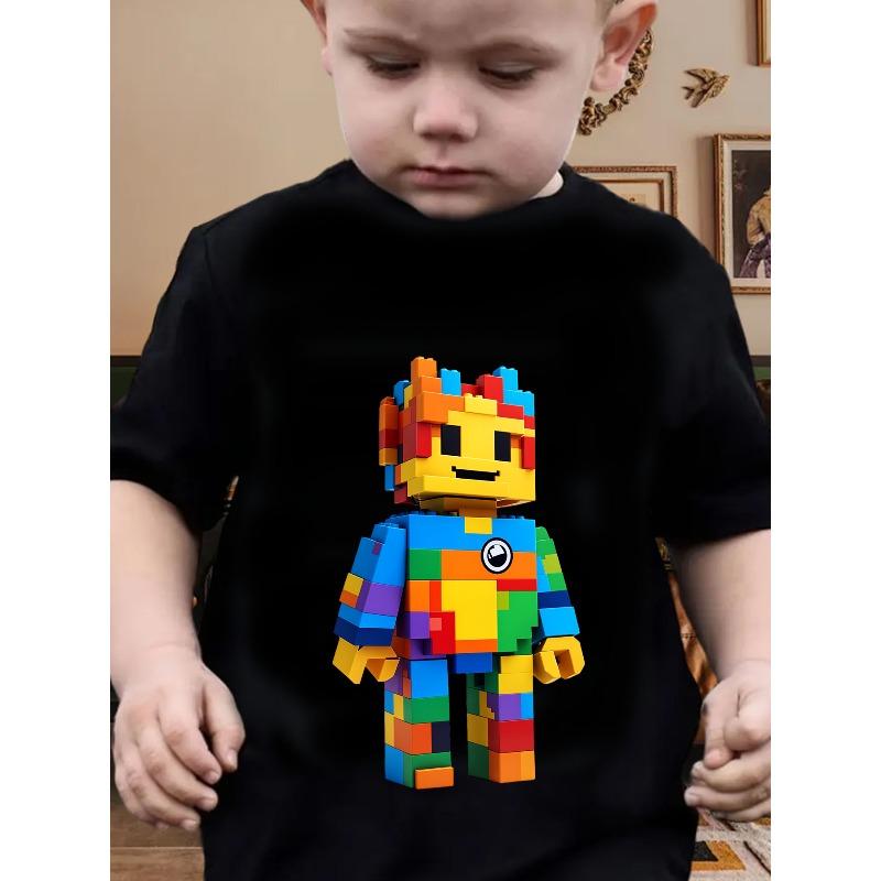 Boys Summer Crew Neck Short Sleeve T-Shirt with Colorful Block Figure Print
