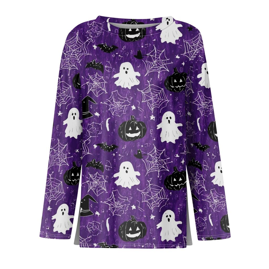 Women's Long Sleeve Halloween Print Top Round Neck Casual Pullover Shirt with Split Hem Lightweight Fabric for Seasonal Wear