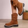 Fashion Ruched Western Boots Women Cow Suede Leather  Decoration Round Toe Solid Color Autumn Winter Shoes Handmade